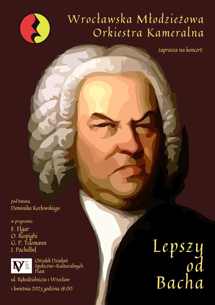 plakat koncertu muzyki klasycznej Wrocławskiej Orkiestry Wszechmuzycznej pod dawną nazwą "Wrocławska Młodzieżowa Orkiestra Kameralna"